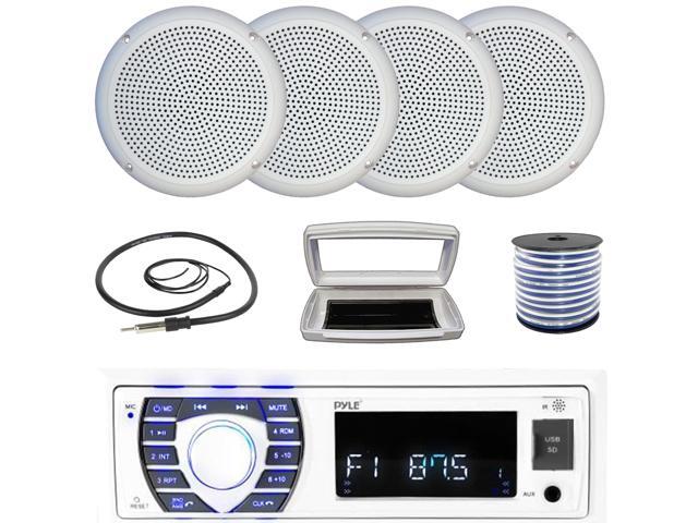 Pyle PLRMR23BTW Single-DIN Bluetooth Marine USB/AUX MP3/SD AM/FM Radio Stereo Receiver W/White Cover, 4x Connexx SPM5C 5.25' 20 Watts RMS Polycone...