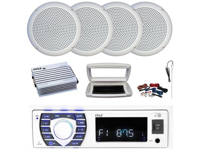 Pyle PLRMR23BTW Single-DIN Bluetooth Marine USB/AUX MP3/SD AM/FM Radio Stereo Receiver W/White Cover, 4x Connexx SPM5C 5.25' 20W RMS Polycone White...