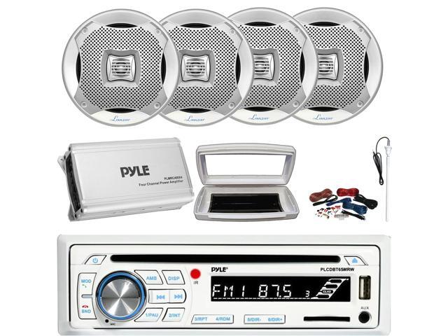 Pyle PLCDBT65 Single-DIN Marine Bluetooth USB/AUX CD Player AM/FM Stereo Receiver W/White Cover, 4x 6.5' 400W Max Power 2-Way Indoor/Outdoor Silver...