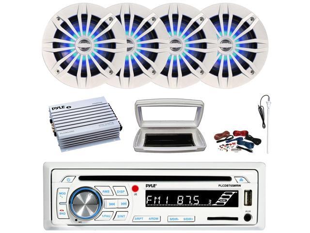 Pyle PLCDBT65 Single-DIN Marine Bluetooth USB/AUX CD Player AM/FM Stereo Receiver W/White Cover, 4x 6.5' 180W Max Power 2-Way Blue LED White Boat...