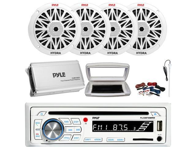 Pyle PLCDBT65 Single-DIN Marine Bluetooth USB/AUX CD Player AM/FM Stereo Receiver W/White Cover, 4x 8' 300W Max Power 2-Way Boat White Speakers, 4...