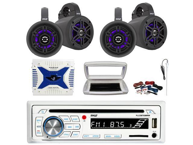 Pyle PLCDBT65 Single-DIN Marine Bluetooth USB/AUX CD Player AM/FM Stereo Receiver W/White Cover, 4x 4' 300W Max Power Wakeboard LED Tower Black...