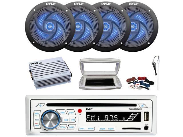 Pyle PLCDBT65 Single-DIN Marine Bluetooth USB/AUX CD Player AM/FM Stereo Receiver W/White Cover, 4x 4' 100W Max Low-Profile Slim Style Blue LED...
