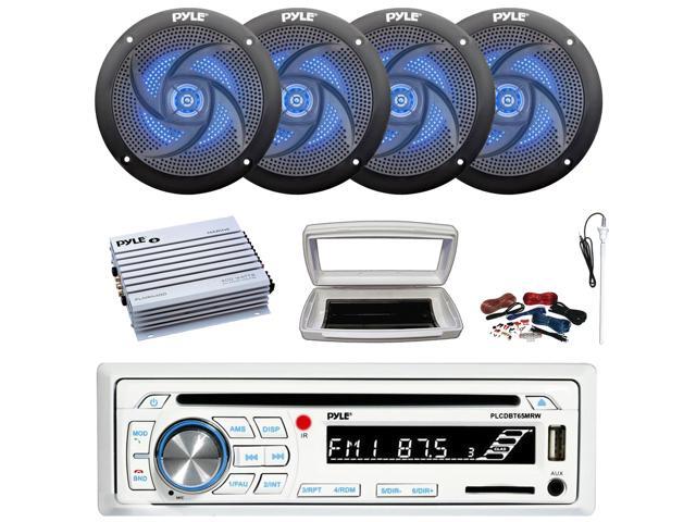 Pyle PLCDBT65 Single-DIN Marine Bluetooth USB/AUX CD Player AM/FM Stereo Receiver W/White Cover, 4x 4' 100W Max Power 2-Way Low Profile Blue LED...