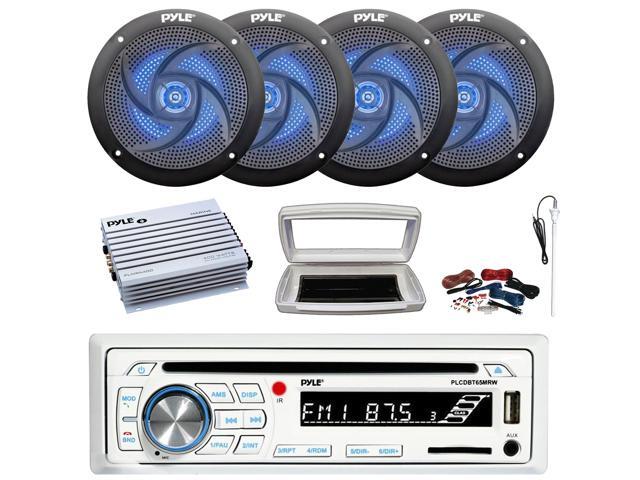 Pyle PLCDBT65 Single-DIN Marine Bluetooth USB/AUX CD Player AM/FM Stereo Receiver W/White Cover, 4x 5.25' 180W Max 2-Way Low Profile Blue LED Boat...