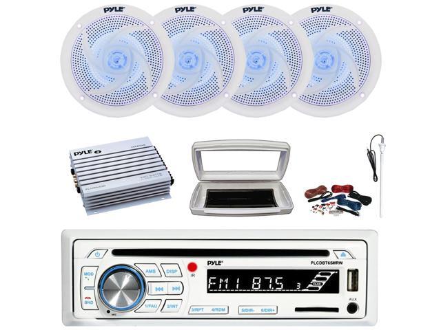 Pyle PLCDBT65 Single-DIN Marine Bluetooth USB/AUX CD Player AM/FM Stereo Receiver W/White Cover, 4x 5.25' 180W Max Power 2-Way Blue LED White Boat...