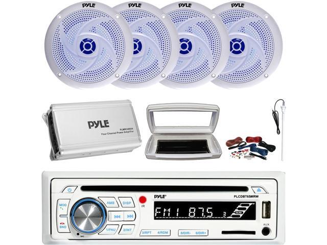 Pyle PLCDBT65 Single-DIN Marine Bluetooth USB/AUX CD Player AM/FM Stereo Receiver W/White Cover, 4x 8'' 320 Watt Max Power 2-Way Low Profile Blue...