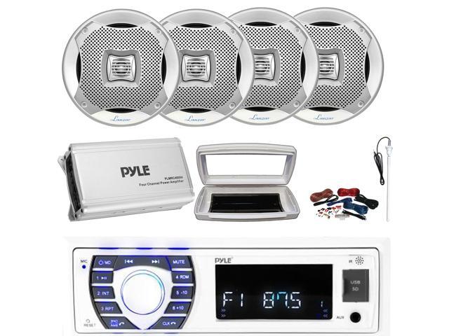 Pyle PLRMR23BTW Single-DIN Bluetooth Marine USB/AUX MP3/SD AM/FM Radio Stereo Receiver W/White Cover, 4x 6.5' 400W Max Power 2-Way Water Resistant...