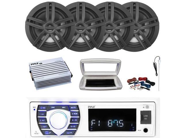 Pyle PLRMR23BTW Single-DIN Bluetooth Marine USB/AUX MP3/SD AM/FM Radio Stereo Receiver W/White Cover, 4x Enrock EM265B 6.5' 180W Max Power 2-Way...