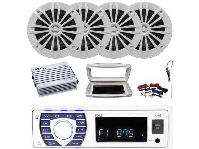 Pyle PLRMR23BTW Single-DIN Bluetooth Marine USB/AUX MP3/SD AM/FM Radio Stereo Receiver W/White Cover, 4x Enrock 6.5' 180W Max Power 2-Way Boat...