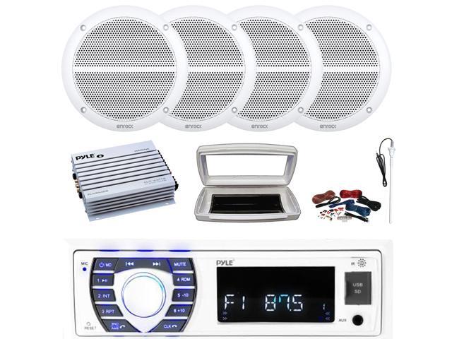 Pyle PLRMR23BTW Single-DIN Bluetooth Marine USB/AUX MP3/SD AM/FM Radio Stereo Receiver W/White Cover, 4x Enrock 6.5' 90W Max Power 2-Way Full Range...