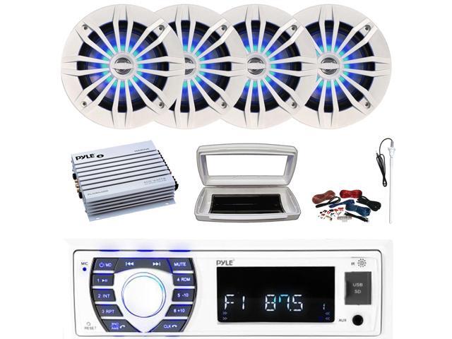 Pyle PLRMR23BTW Single-DIN Bluetooth Marine USB/AUX MP3/SD AM/FM Radio Stereo Receiver W/White Cover, 4x 6.5' 180W Max Power 2-Way Blue LED White...