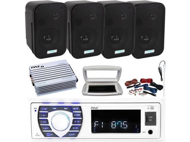 Pyle PLRMR23BTW Single-DIN Bluetooth Marine USB/AUX MP3/SD AM/FM Radio Stereo Receiver W/White Cover, 4x 3.5' 300 Watts Max Power Indoor/Outdoor...