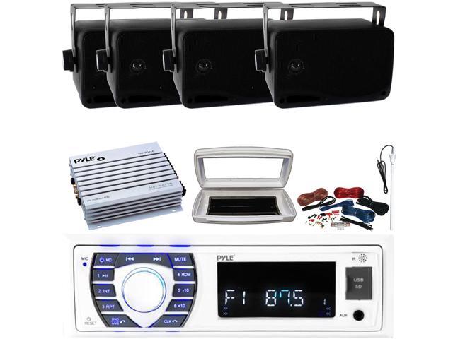 Pyle PLRMR23BTW Single-DIN Bluetooth Marine USB/AUX MP3/SD AM/FM Radio Stereo Receiver W/White Cover, 4x 3.5'' 200W Max 3-Way Indoor/Outdoor Wall...