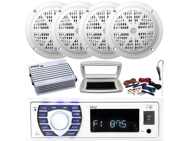 Pyle PLRMR23BTW Single-DIN Bluetooth Marine USB/AUX MP3/SD AM/FM Radio Stereo Receiver W/White Cover, 4x Pyle PLMR41W 4'' 100W Max Power Dual Cone...