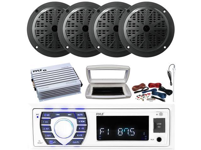 Pyle PLRMR23BTW Single-DIN Bluetooth Marine USB/AUX MP3/SD AM/FM Radio Stereo Receiver W/White Cover, 4x 5.25'' 100W Max Power 2-Way Full Range...
