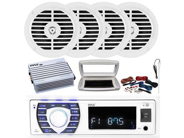 Pyle PLRMR23BTW Single-DIN Bluetooth Marine USB/AUX MP3/SD AM/FM Radio Stereo Receiver W/White Cover, 4x 5.25' 100W Max Power Dual Cone Full Range...