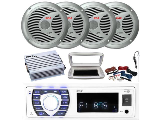Pyle PLRMR23BTW Single-DIN Bluetooth Marine USB/AUX MP3/SD AM/FM Radio Stereo Receiver W/White Cover, 4x 6.5'' 150 Watts Max Power 2 Way Boat...