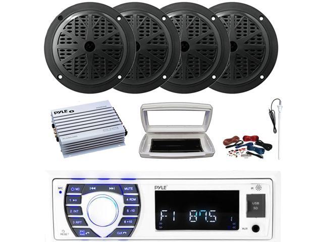 Pyle PLRMR23BTW Single-DIN Bluetooth Marine USB/AUX MP3/SD AM/FM Radio Stereo Receiver W/White Cover, 4x 6.5'' 120W Max Power Dual Cone Boat Audio...