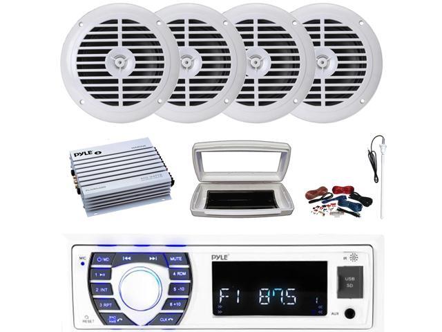 Pyle PLRMR23BTW Single-DIN Bluetooth Marine USB/AUX MP3/SD AM/FM Radio Stereo Receiver W/White Cover, 4x 6.5'' 120W Max Power Dual Cone Full Range...
