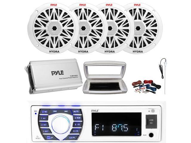 Pyle PLRMR23BTW Single-DIN Bluetooth Marine USB/AUX MP3/SD AM/FM Radio Stereo Receiver W/White Cover, 4x Pyle PLMR82 8' 300W Max Power 2-Way Boat...