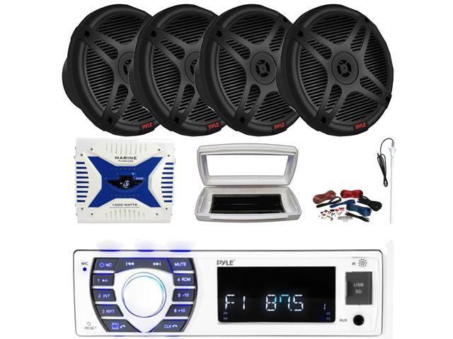 Pyle PLRMR23BTW Single-DIN Bluetooth Marine USB/AUX MP3/SD AM/FM Radio Stereo Receiver W/White Cover, 4x 6.5' 600W Max Power Dual 2-way Coaxial...