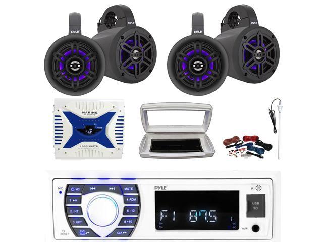 Pyle PLRMR23BTW Single-DIN Bluetooth Marine USB/AUX MP3/SD AM/FM Radio Stereo Receiver W/White Cover, 4x 4' 300W Max Power Marine Wakeboard LED...