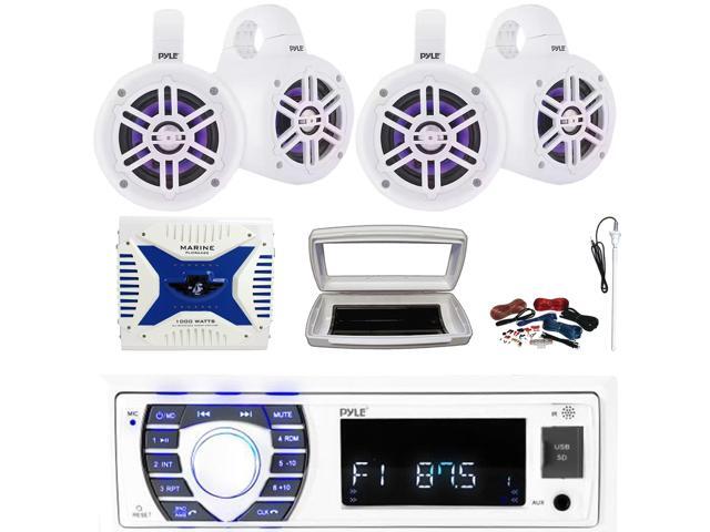 Pyle PLRMR23BTW Single-DIN Bluetooth Marine USB/AUX MP3/SD AM/FM Radio Stereo Receiver W/White Cover, 4x 4' 300W Max Power Multicolor LED Tower...