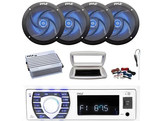 Pyle PLRMR23BTW Single-DIN Bluetooth Marine USB/AUX MP3/SD AM/FM Radio Stereo Receiver W/White Cover, 4x 4' 100W Max Power 2-Way Low Profile Blue...
