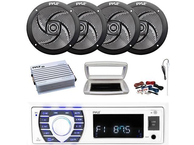 Pyle PLRMR23BTW Single-DIN Bluetooth Marine USB/AUX MP3/SD AM/FM Radio Stereo Receiver W/White Cover, 4x 5.25' 180W Max Power 2-Way Low Profile...