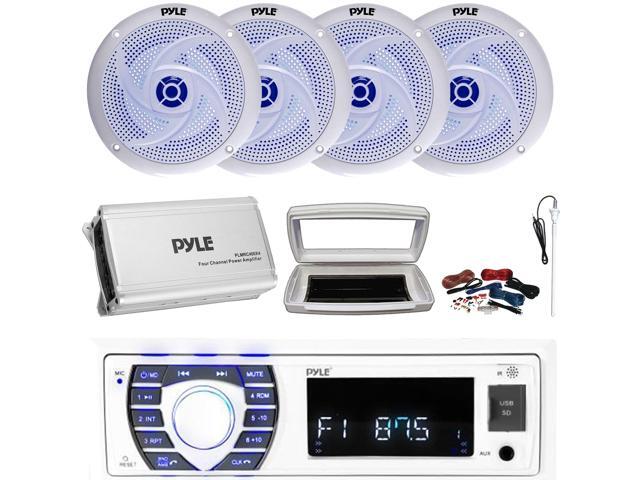 Pyle PLRMR23BTW Single-DIN Bluetooth Marine USB/AUX MP3/SD AM/FM Radio Stereo Receiver W/White Cover, 4x 8'' 320 Watt Max Power 2-Way Blue LED...