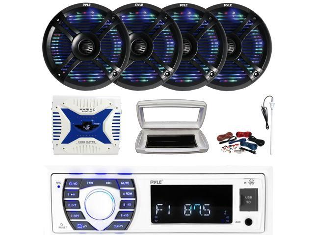 Pyle PLRMR23BTW Single-DIN Bluetooth Marine USB/AUX MP3/SD AM/FM Radio Stereo Receiver W/White Cover, 4x 6.5' 250W Max Power Dual Multi Color LED...