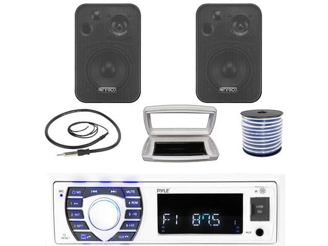 Pyle PLRMR23BTW Single-DIN Bluetooth Marine USB/AUX MP3/SD AM/FM Radio Stereo Receiver W/White Cover, 2x Enrock EKMR408B 4' 30W Max Power 3-Way In...