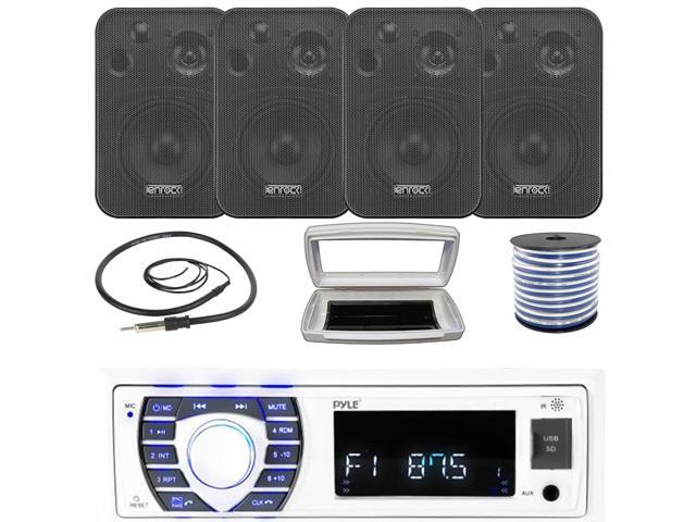 Pyle PLRMR23BTW Single-DIN Bluetooth Marine USB/AUX MP3/SD AM/FM Radio Stereo Receiver W/White Cover, 4x Enrock EKMR408B 4' 30W Max Power 3-Way In...