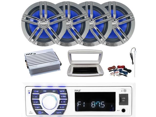 Pyle PLRMR23BTW Single-DIN Bluetooth Marine USB/AUX MP3/SD AM/FM Radio Stereo Receiver W/White Cover, 4x 6.5' 180W Max 2-Way High-Performance...