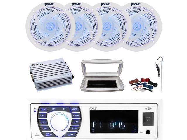 Pyle PLRMR23BTW Single-DIN Bluetooth Marine USB/AUX MP3/SD AM/FM Radio Stereo Receiver W/White Cover, 4x 4' 100W Max Power Low Profile 2-Way Blue...