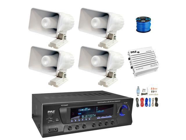 Enrock Home Theater 4-Channel 300W Bluetooth AM/FM Amplifier Receiver, Amplifier w/Kit, 2x 6' 50 Watt Indoor/Outdoor Portable PA Horn Speakers w/Wire