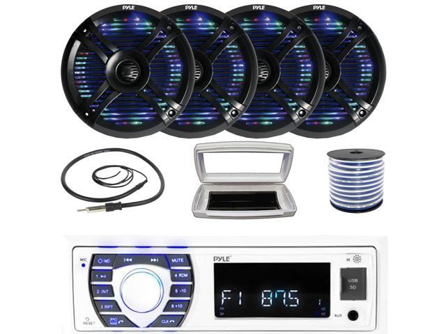 Pyle PLRMR23BTW Single-DIN Bluetooth Marine USB/AUX MP3/SD AM/FM Radio Stereo Receiver W/White Cover, 4x 6.5' 250W Max Power Waterproof Boat Dual...