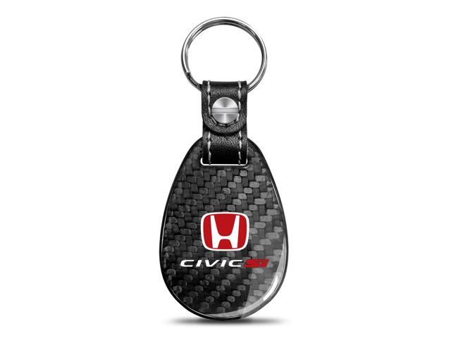 Honda Red Logo Civic Si Real Black Carbon Fiber with Leather Strap Large Tear Drop Key Chain