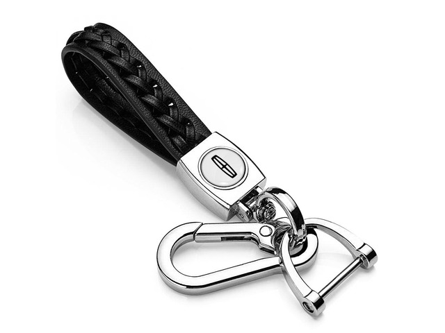 Lincoln Logo in White Braided Rope Style Genuine Black Leather Key Chain