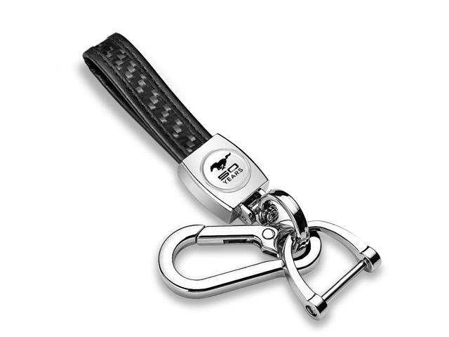 Ford Mustang 50 Years in White Real Carbon Fiber Strap Chrome Hook Key Chain