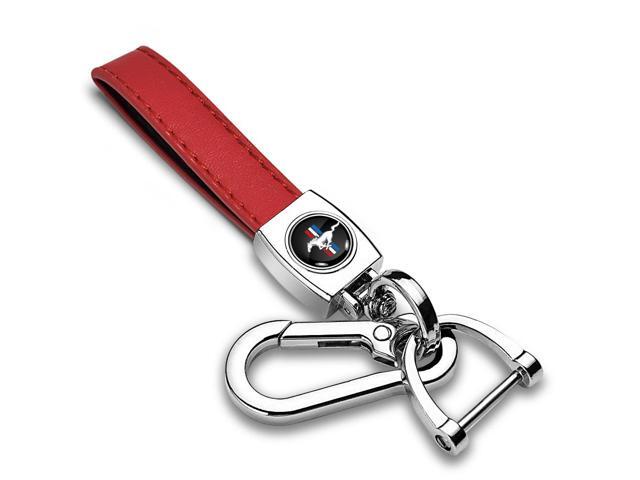 Ford Mustang Tri-Bar Logo in Black on Genuine Red Leather Loop-Strap Chrome Hook Key Chain