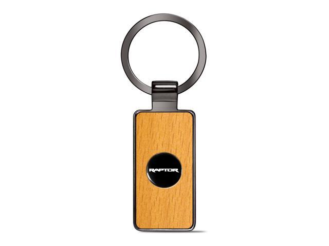 Ford F-150 Raptor Roundel Logo in Black on Maple Wood Gray Gunmetal Metal Case Key Chain