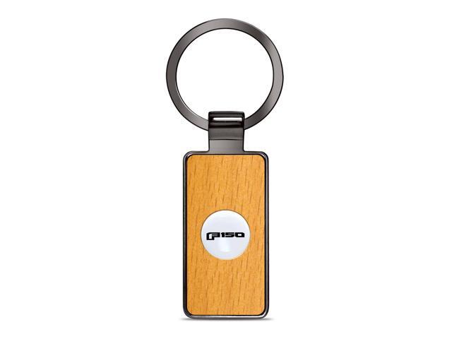 Ford F-150 2015 up Roundel Logo in White on Maple Wood Gray Gunmetal Metal Case Key Chain