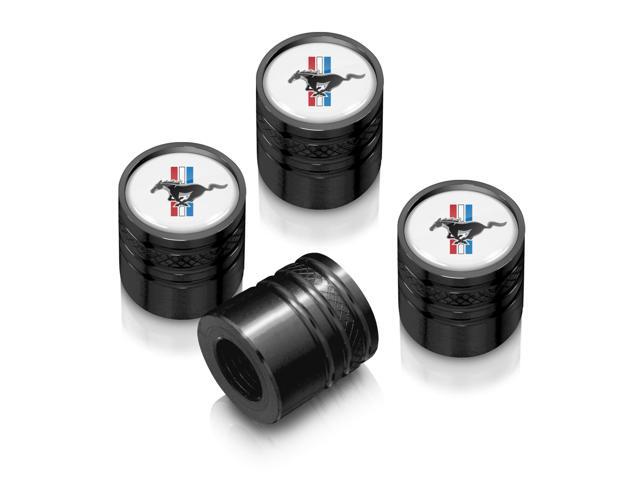 Ford Mustang Tri-Bar White on Black Aluminum Cylinder-Style Tire Valve Stem Caps