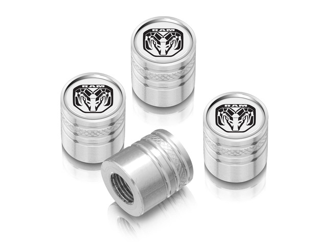 RAM 2019 Logo White on Silver Aluminum Cylinder-Style Tire Valve Stem Caps