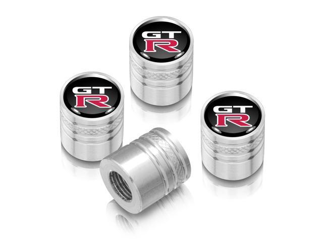 Nissan GT-R Black on Silver Aluminum Cylinder-Style Tire Valve Stem Caps