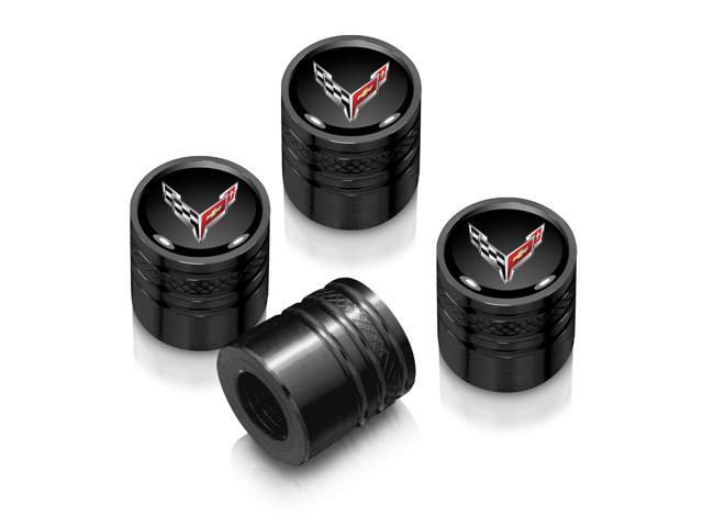 Chevrolet Corvette C8 Logo in Black on Black Aluminum Cylinder-Style Tire Valve Stem Caps