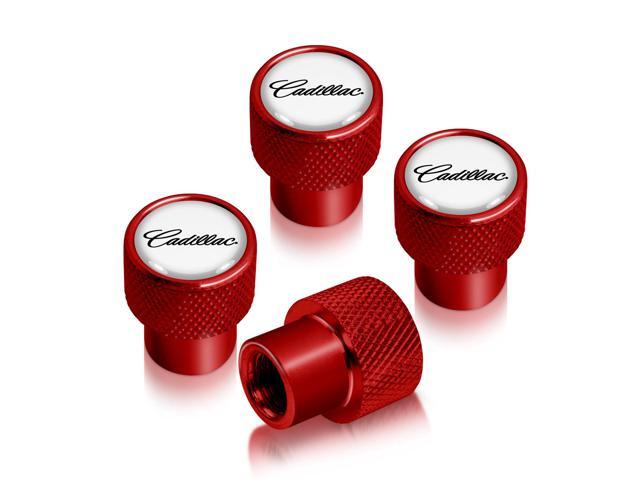 Cadillac Script Nameplate in White on Red Aluminum Tire Valve Stem Caps