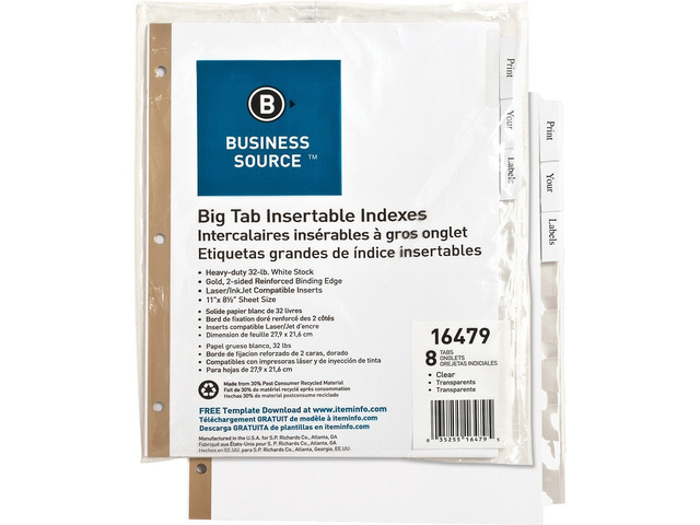 Business Source Index Dividers 8-Tab 11'x8-1/2' White Stock/Clear Tabs 16479